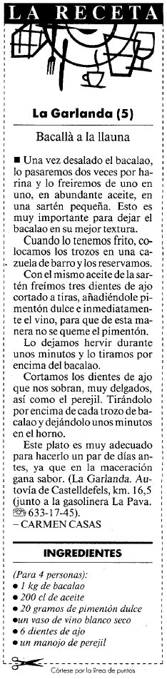 Recepta de bacall a 'la llauna' del restaurant 'La Garlanda' de Gav Mar publicada al diari LA VANGUARDIA (7 Abril 1999)